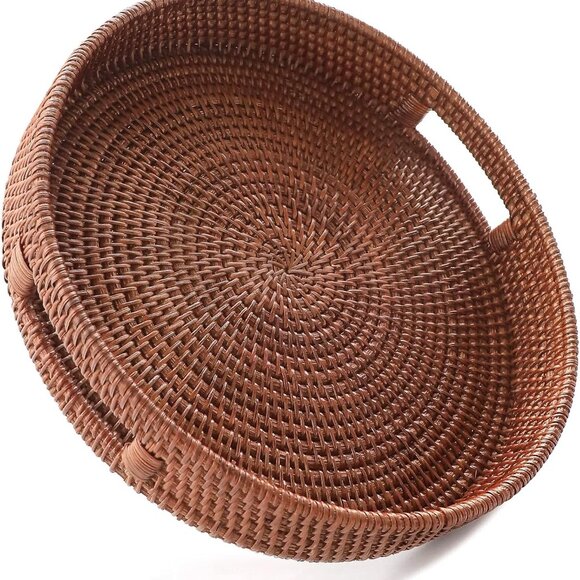11.8'' Hand-Woven Round Rattan Serving Tray Decorative Wicker Trays with Handles - Picture 1 of 6